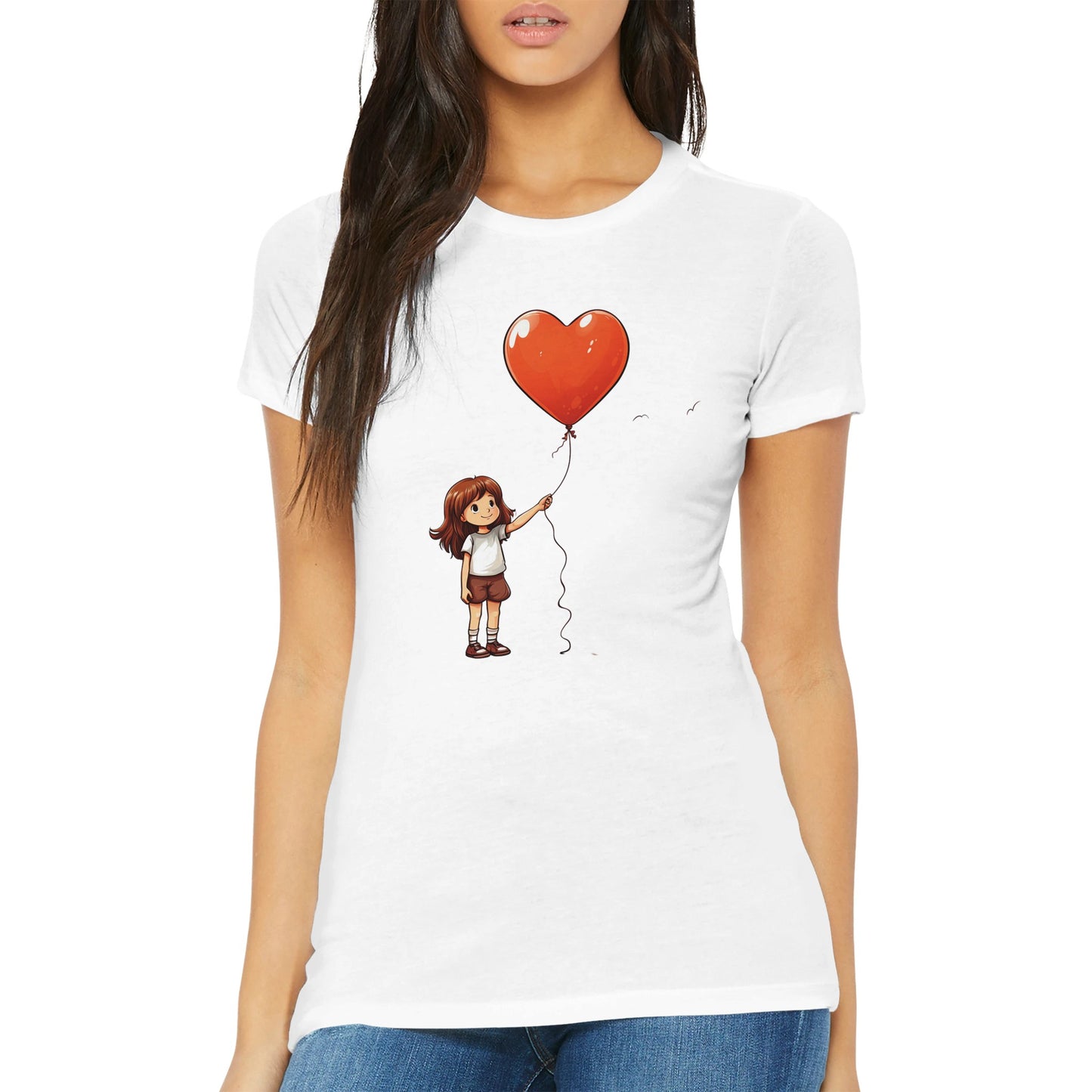 Romantic Women's T-Shirt with Little Girl and Heart Balloon