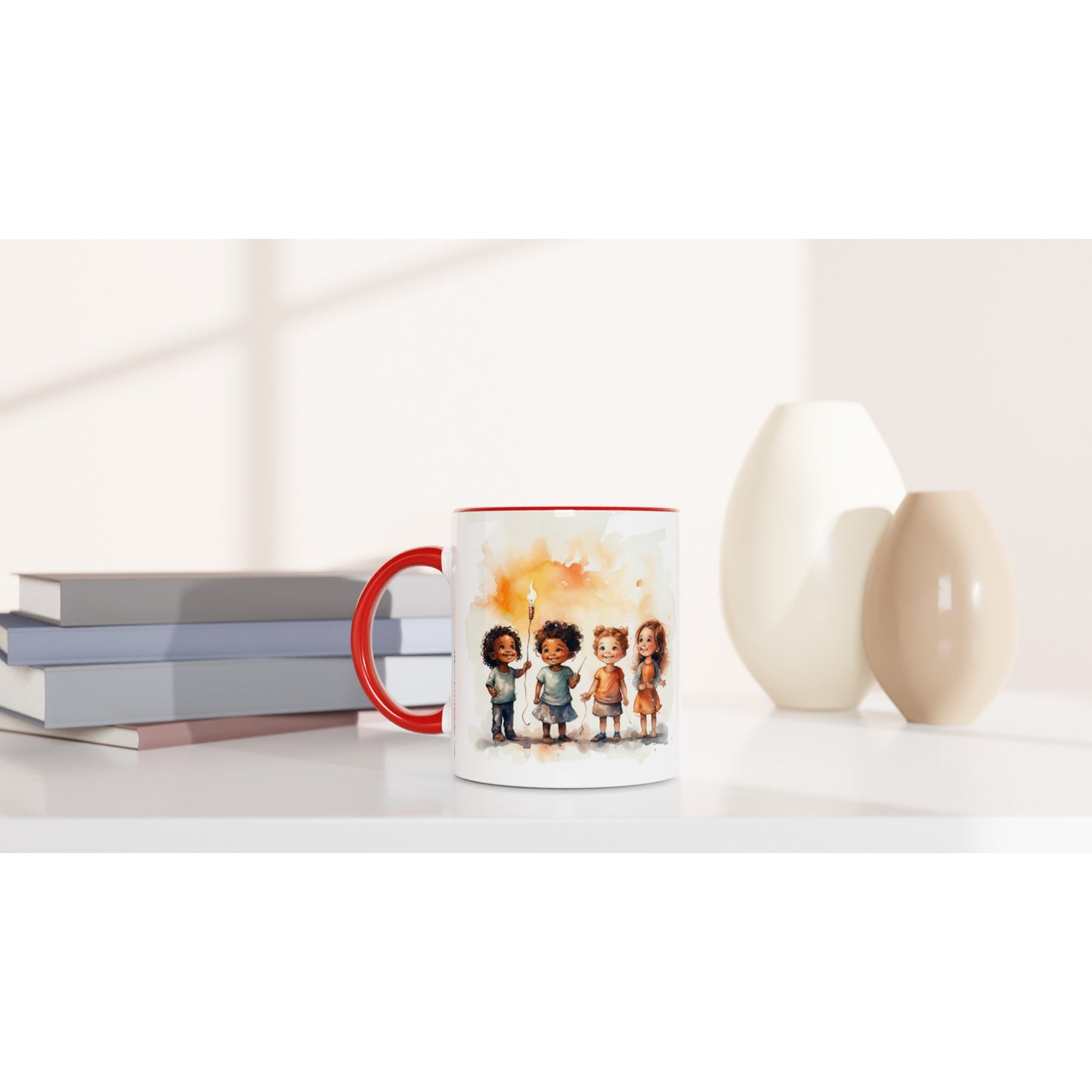 Children Playing in the Dark of Night - White Ceramic Mug with Colorful Interior 325ml or 11oz