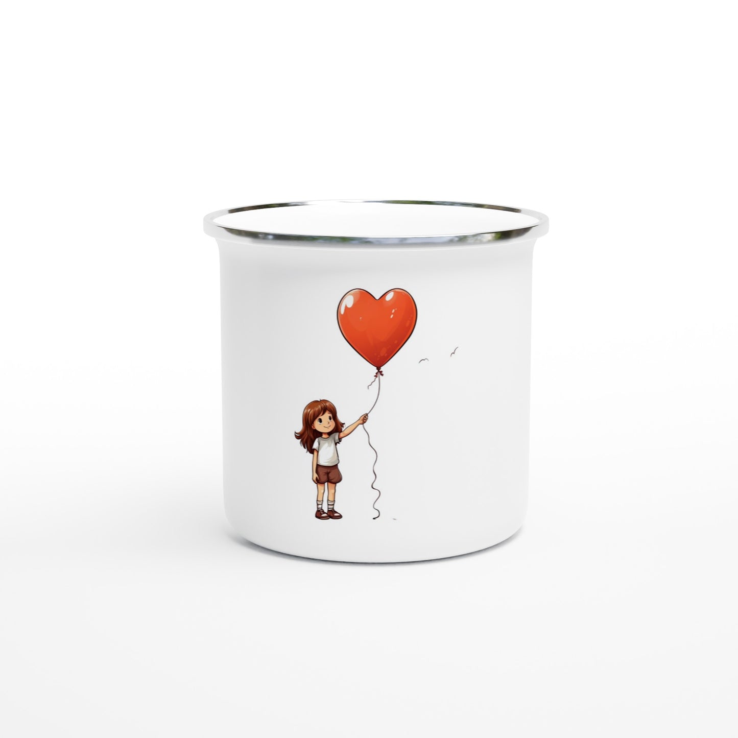 355 ml white enamel mug - Little girl with heart-shaped balloon