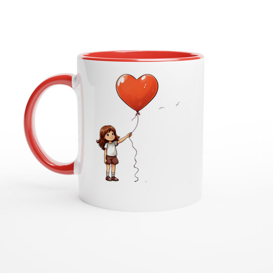 White Ceramic Mug - Little Girl with Heart Shaped Balloon with Colorful Interior 325ml or 11oz