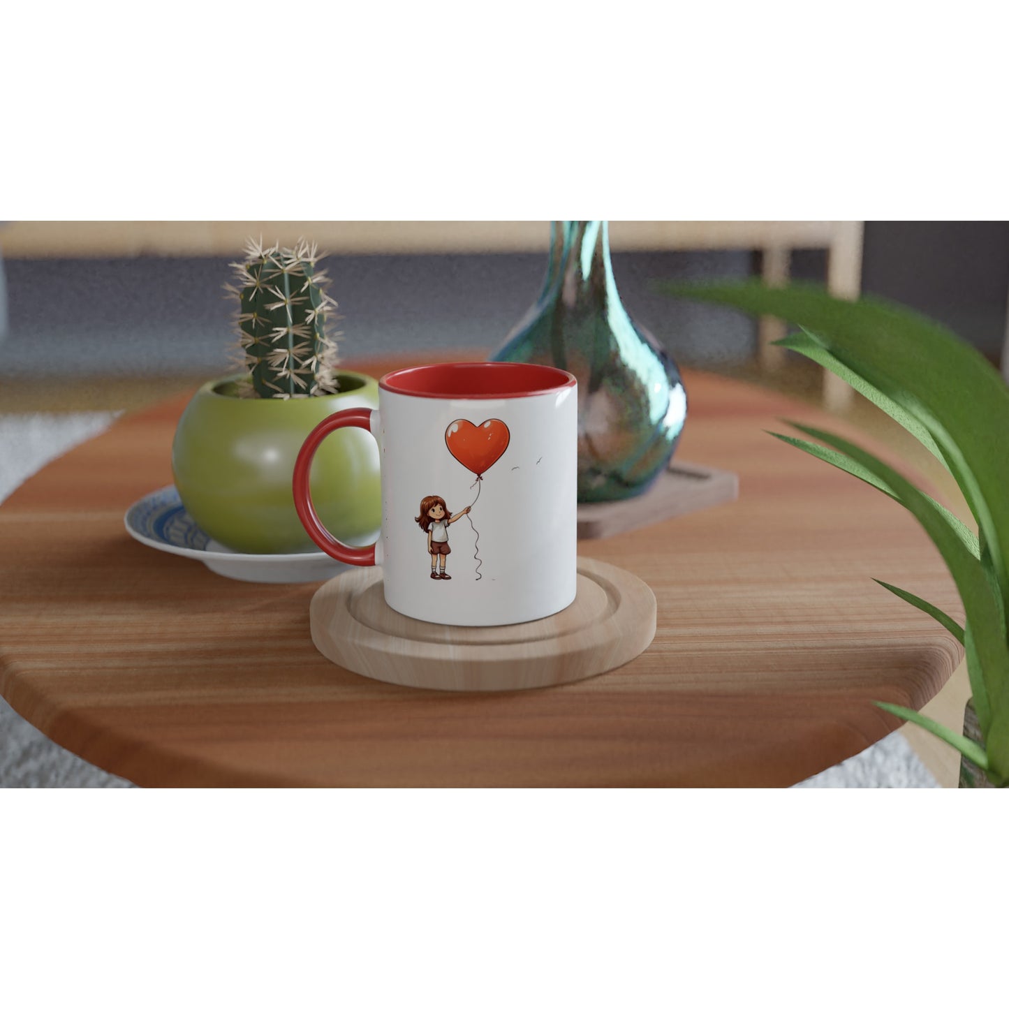 Tazza bianca in ceramica - Bambina con palloncino a forma di cuore con interno colorato da 325 ml o 11 once